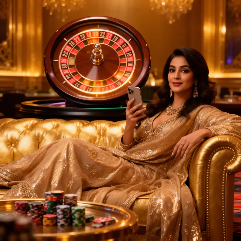Elegant Bangladeshi woman using the GD999 casino app on her phone with a glowing roulette wheel and stacked chips creating a premium mobile gaming mood
