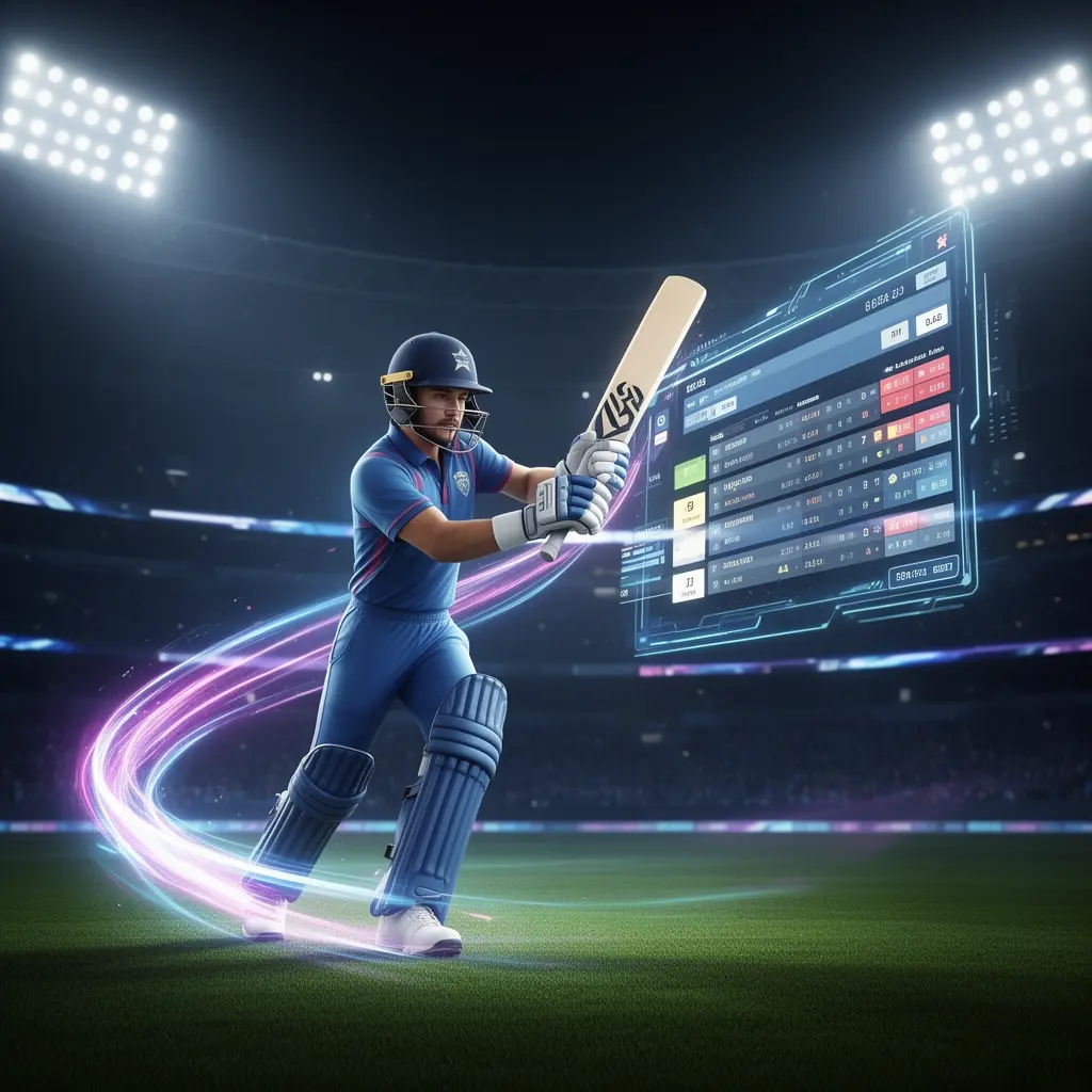 Futuristic cricket player surrounded by glowing data points and holographic betting stats representing advanced sports betting with GD999 in Bangladesh