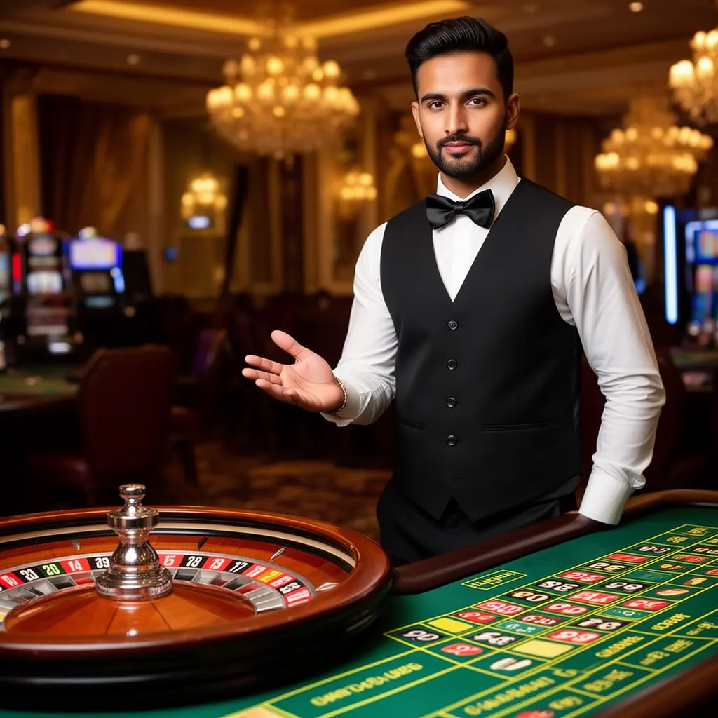 Professional casino dealer presenting a roulette table in a luxury gaming hall, showcasing the high quality live casino experience available at GD999 in Bangladesh