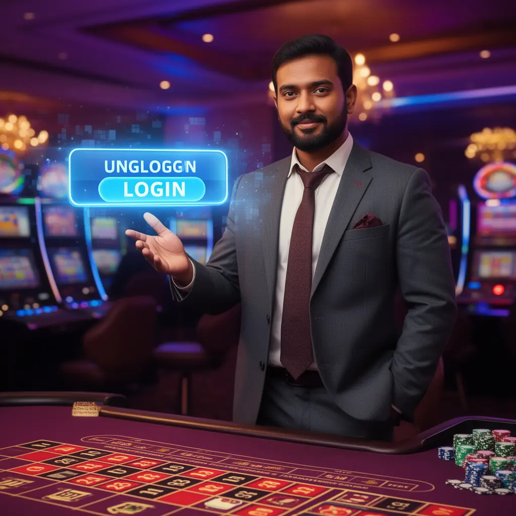 Confident Bangladeshi casino professional pointing toward a glowing holographic login button with dynamic light effects representing GD999 access