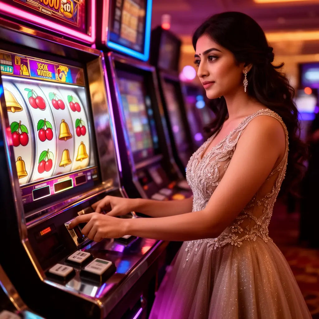Stylish Bangladeshi woman in an elegant evening dress playing a glowing slot machine in a luxury casino atmosphere at GD999
